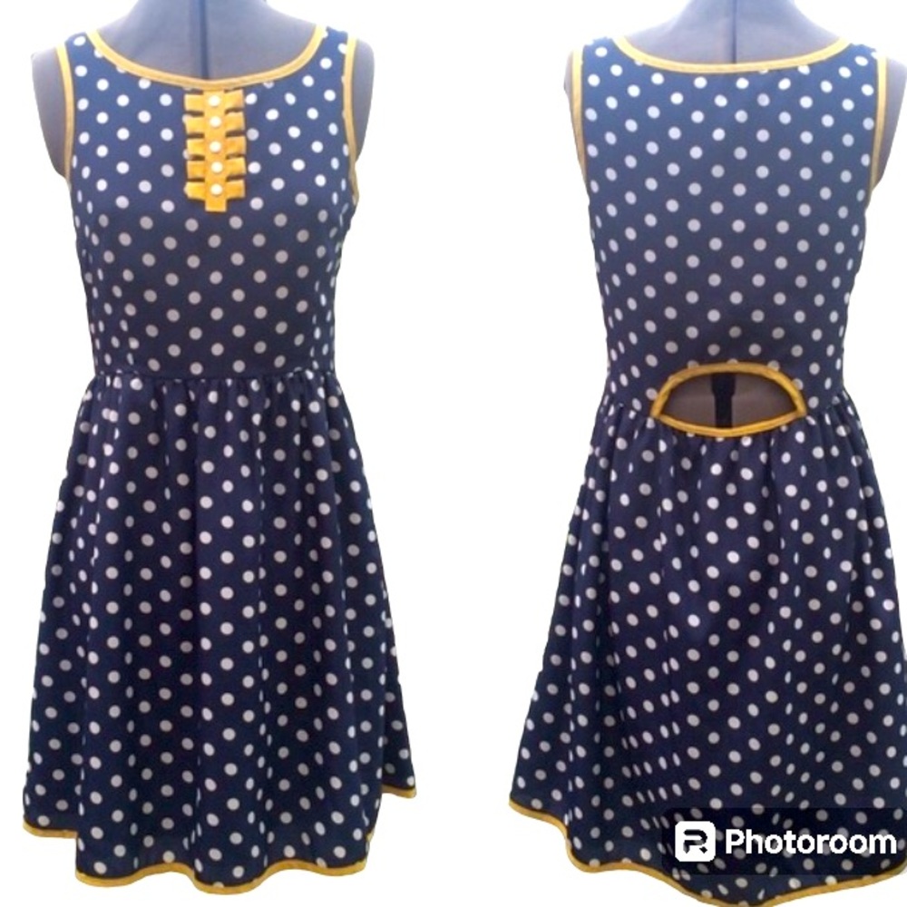Dear Creatures Navy and White Polka Dot with yellow trim, peep hole in back, S